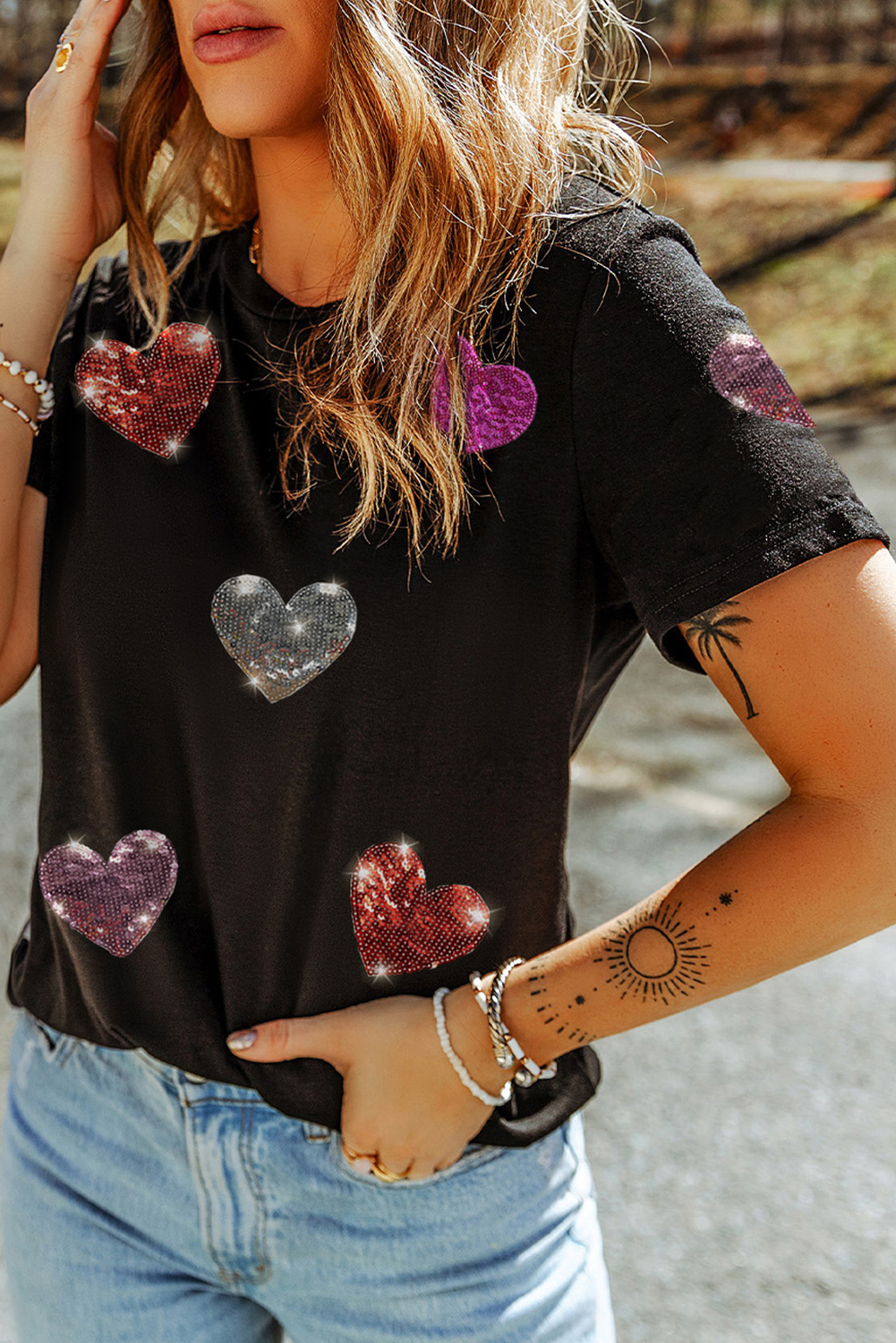 Valentijns T-shirt met Pailletten Hartjes en Ronde Hals