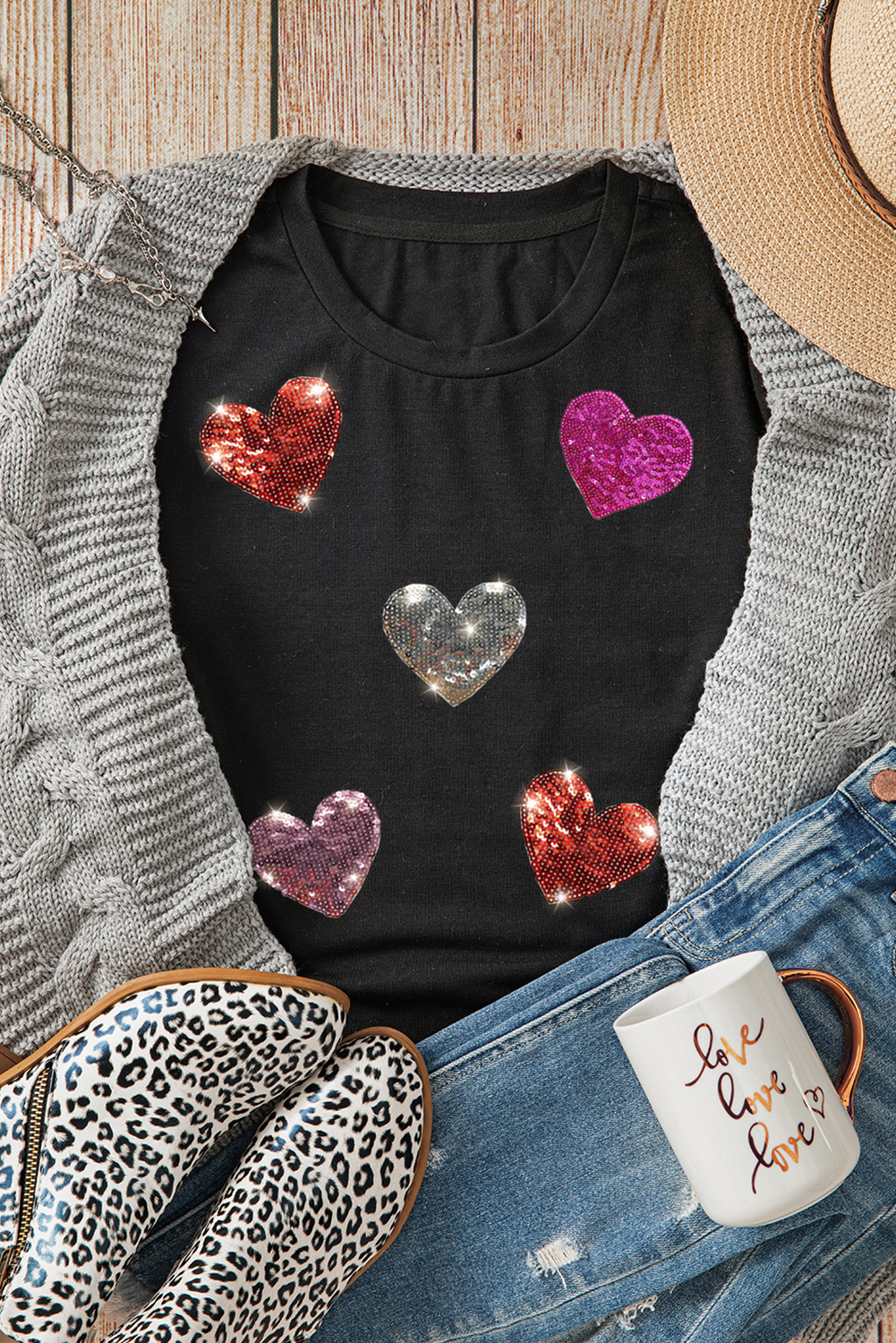 Valentijns T-shirt met Pailletten Hartjes en Ronde Hals