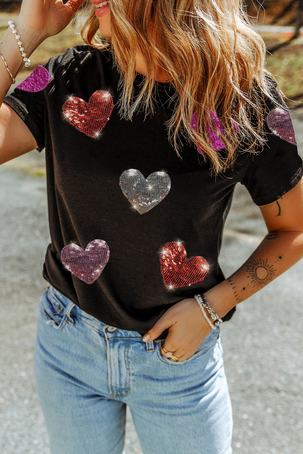 Valentijns T-shirt met Pailletten Hartjes en Ronde Hals