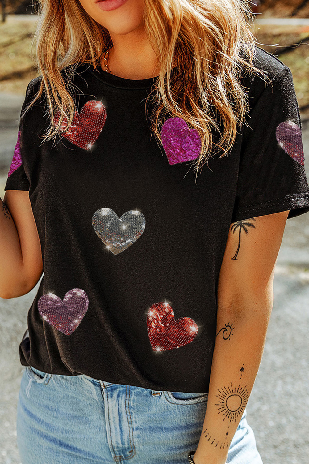 Valentijns T-shirt met Pailletten Hartjes en Ronde Hals