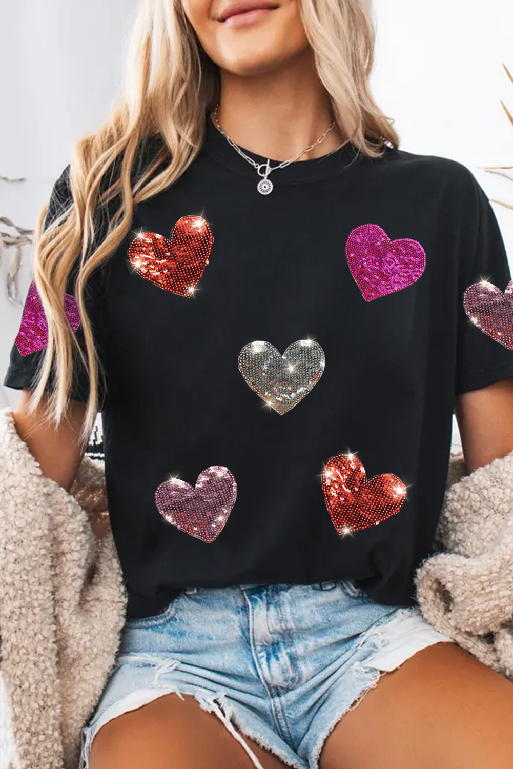 Valentijns T-shirt met Pailletten Hartjes en Ronde Hals